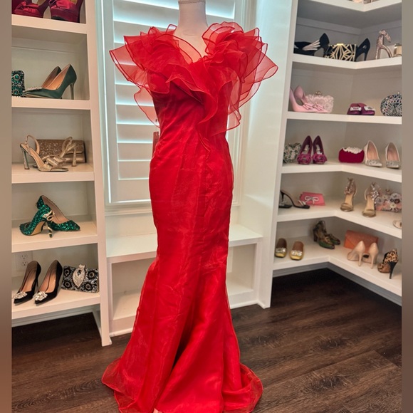 Red Organza Ruffle Evening Gown – Glamorous Statement Dress ❤️ - Picture 1 of 6